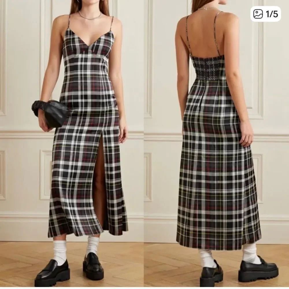 New Alice + Olivia Julietta Double Slit Plaid Midi Tartan Plaid Dress Size 2